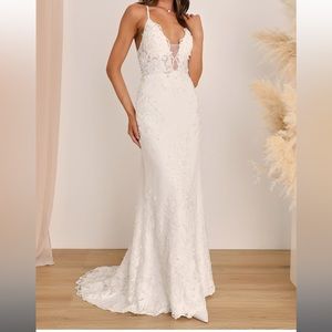 Lulu’s Enchanting Eternity Ivory Pearl Lace-Up Backless Maxi Dress - Luxe Bridal